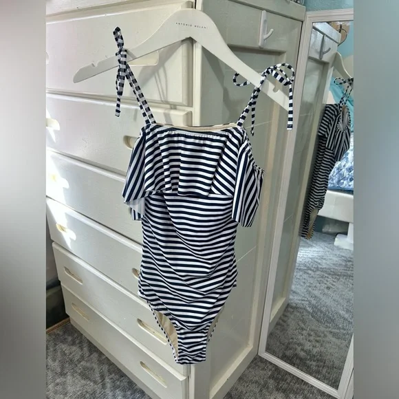 Albion The Wave Pana Stripe Ruffle Bow Tie Shoulder One Piece Swimsuit☀️ - Picture 1 of 12